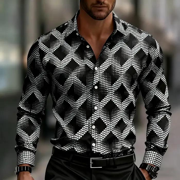 Chemise homme à manches longues imprimé géométrique, chemise boutonnée élégante, avec motifs carrés