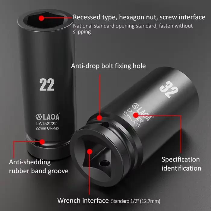 Clé à douille hexagonale profonde LAOA 1/2 pouce 17-32 mm en acier CR-MO, douilles à impact pour clé