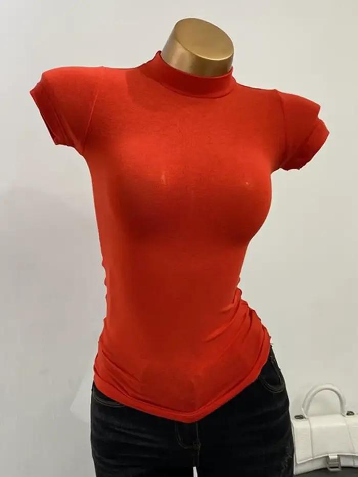 T-shirt à Manches Courtes et Col Mi-haut, Haut Transparent, Coupe Slim, artificiel astique, Couleur