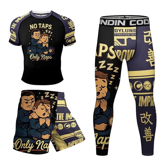 Nouveau MMA Compression Jiu Jitsu BJJ Rashguard hommes T-Shirt + pantalon en Nylon Kickboxing Sports