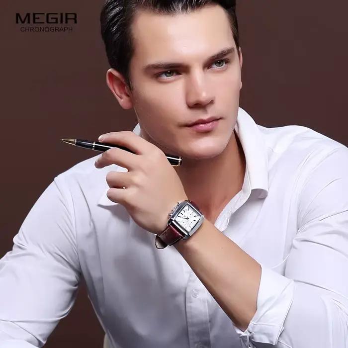 Megir cadran rectangulaire bracelet en cuir Montre pour hommes décontracté bleu chronographe montres