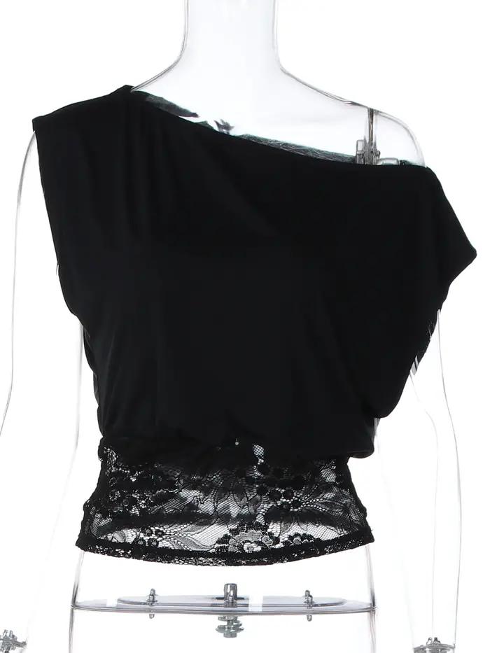 Dulzura été mode Sexy épaule inclinée dentelle voir à travers Patchwork T-Shirt femmes solide décont