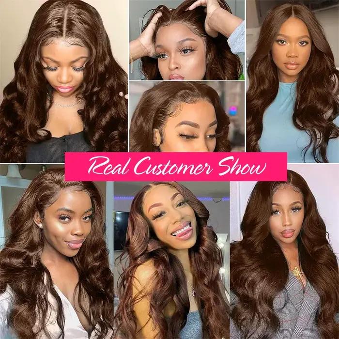 Perruque Lace Front Wig Body Wave brésilienne naturelle, cheveux naturels, brun chocolat, 13x4, pre-