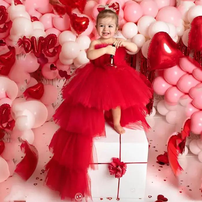 Robe à fleurs bouffante rouge en Tulle pour filles, robes de fête de première Communion pour enfants