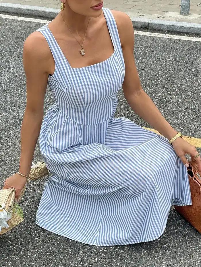 Robe midi sans manches à col carré rayée bleu et blanc pour femmes en coton