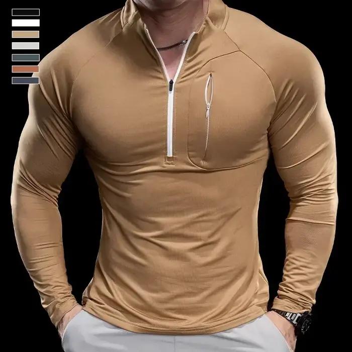 T-shirt à manches longues et col rond pour homme, vêtement de sport, de gymnastique, de course, d'en