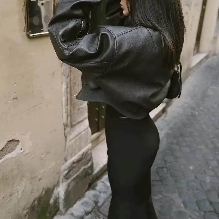 Y2K-Blouson en Cuir PU pour Femme, Col en V Côtelé, Manches sulf, Fermeture Éclair, Manteau Matelass
