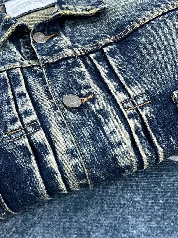 Veste Cargo en Denim lourd pour hommes, rétro américain, mode 100% coton lavé, vieux multi-poches, v