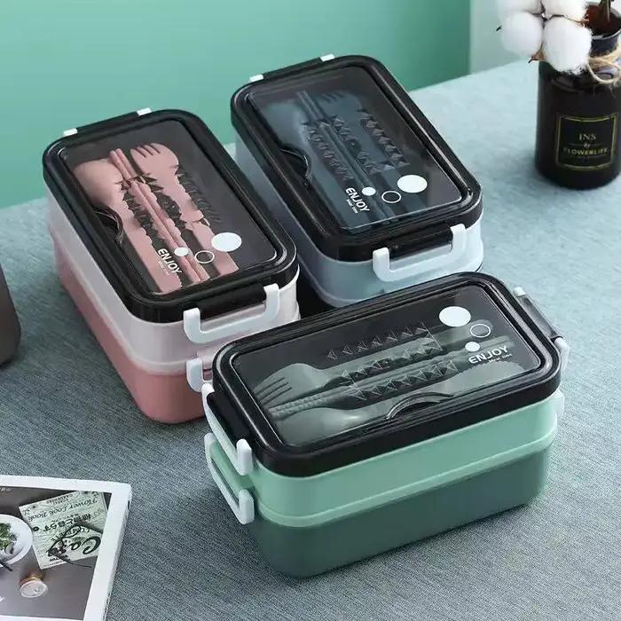 Boîte à déjeuner Double couche de 1400ml, compartiment Portable, boîte à nourriture, micro-ondes, av
