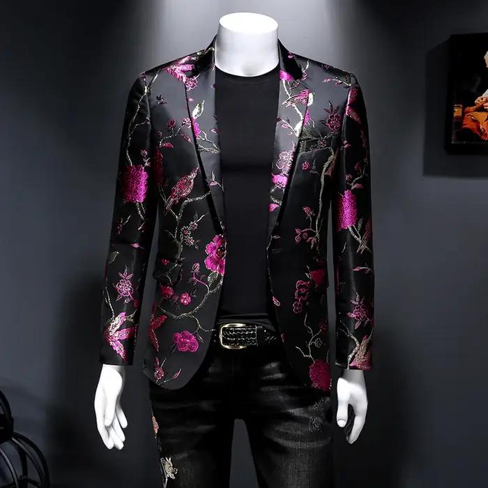 Veste Vintage Luxueuse à Imprimé Floral pour Homme, Tenue de Soirée, Club, Banquet de Mariage, Chant