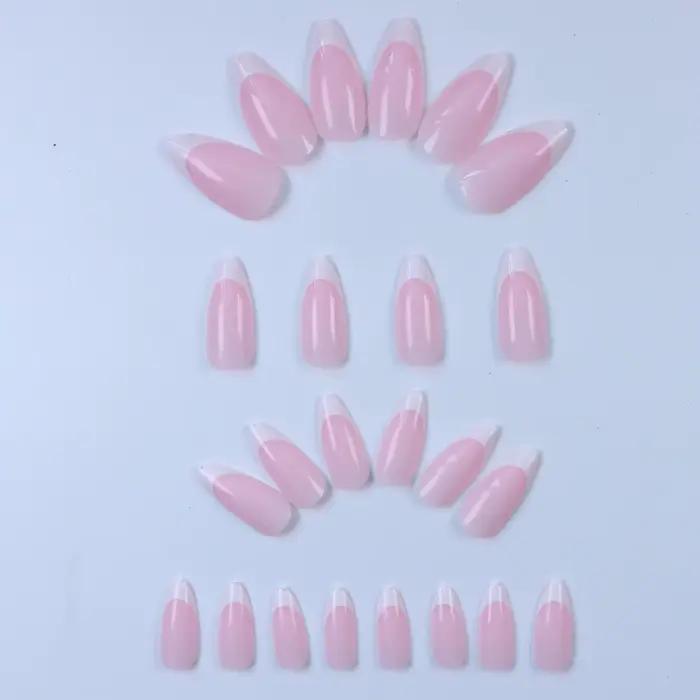 24 pièces-ongles en amande à bordure blanche française-ensemble de Nail Art blanchissant avec faux o