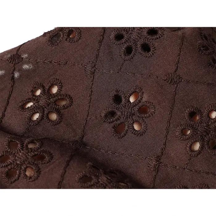 YENKYE Nouvelle jupe midi marron brodée ajourée pour femme 2026, décontractée, taille haute, coupe t