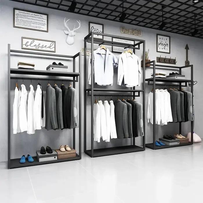 Étagère de présentation pour magasin de vêtements pour hommes, noire, double niveau, sur pied, pour