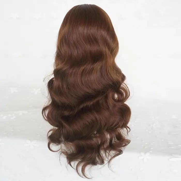 Perruque synthétique longue ondulée marron avec frange pour femmes, perruque de Cosplay Lolita moell