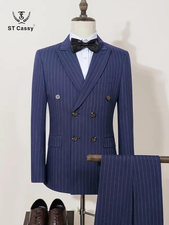 Costumes rayés bleus de haute qualité ST Cassy pour hommes, coupe ajustée, vêtements de luxe pour ho