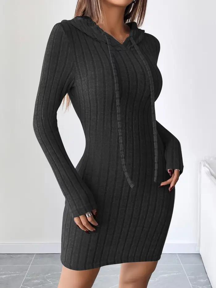 Robe ajustée à capuche tricotée côtelée à la mode avec cordon de serrage - Style décontracté confort
