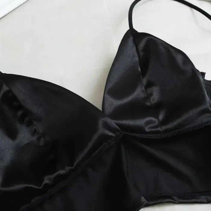 Haut court en Satin Sexy pour femmes, Bralette sans fil, Crochet, bretelles Spaghetti, T-shirt court
