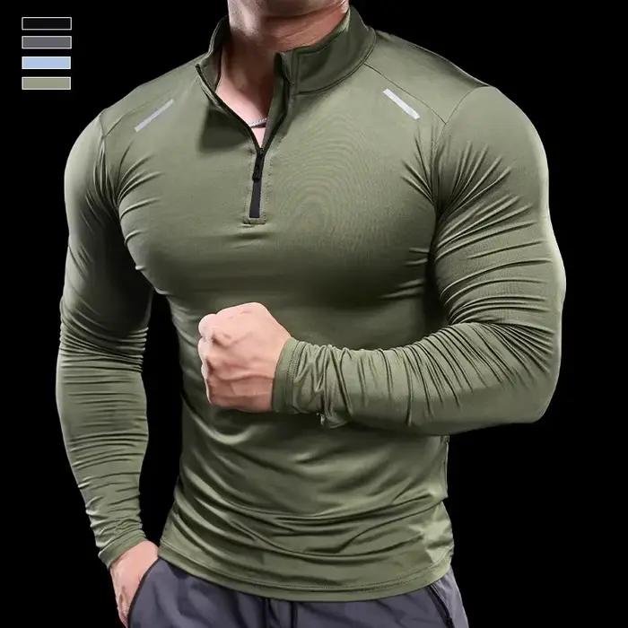 T-shirt manches longues col montant homme - Zip gym course fitness musculation qualité supérieure
