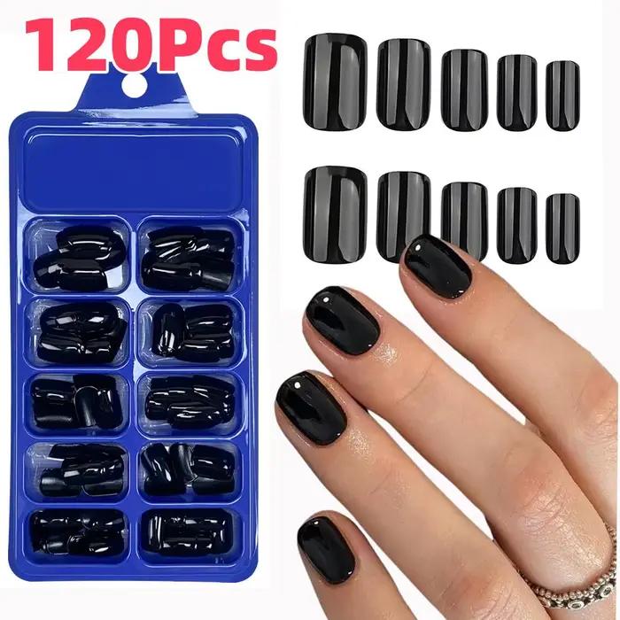 Faux ongles noirs brillants classiques, couverture complète, à pression, courts, ronds, réutilisable