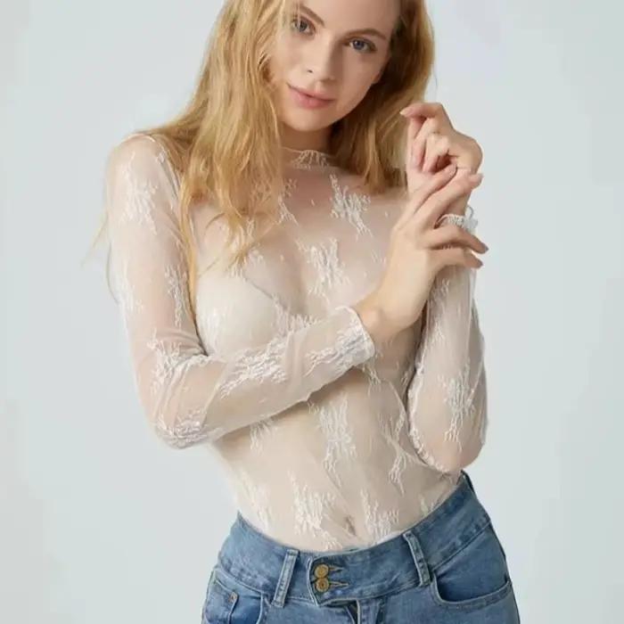 Chemise en dentelle florale pour femmes, manches longues, Sexy, chemises à bascule en maille, col mo