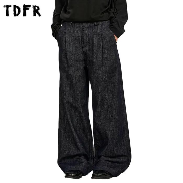 Rétro Simple jean hommes plissé décontracté lavé en détresse Baggy jambe large bleu Denim pantalon h