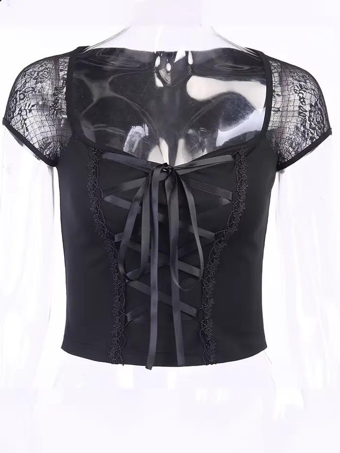 T-shirt gothique Vintage pour femmes, moulant, Bandage, dentelle, maille noire, Sexy, décontracté, g