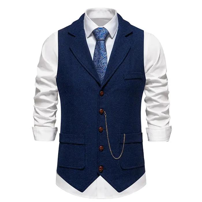 Gilet rétro à chaîne à revers pour hommes, mode chevrons, poches en Tweed grossier, gilet de costume