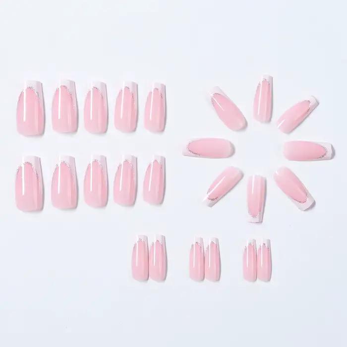 Faux ongles cercueil carrés courts, 24 pièces, à paillettes françaises, portables, couverture complè