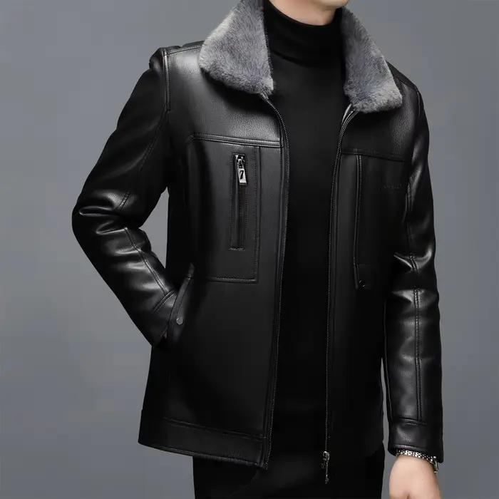 Manteau en cuir véritable pour hommes, avec fourrure, col une pièce, peau de mouton, haut court, épa