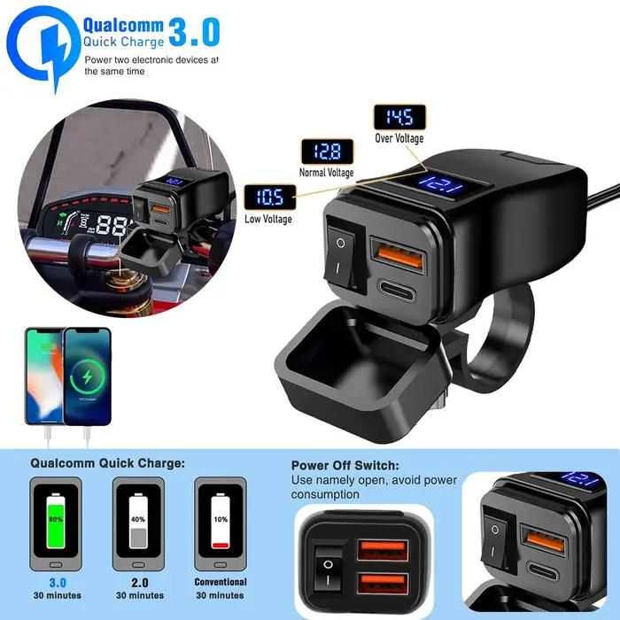 PD QC3.0 – chargeur cellulaire rapide USB pour moto, connecteur de prise de Port de Type C étanche a
