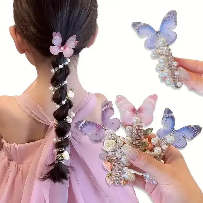 Bandeau papillon en maille pour filles, 2 pièces, mignon, rond, perle et Design Floral, parfait pour