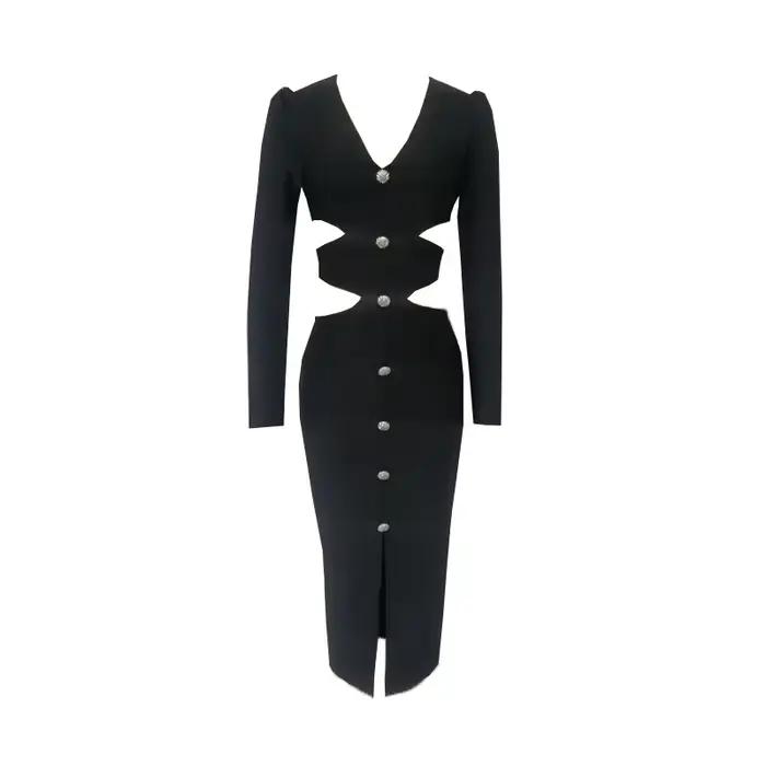 Robe mi-longue à bandes pour femmes, col en V, fendue, découpée, élégante, moulante, Sexy, mode, man