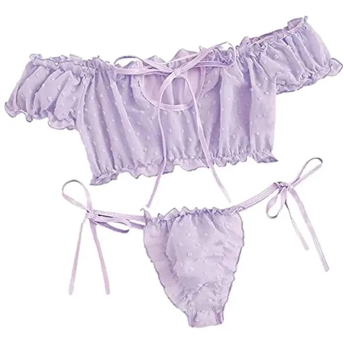 2 pièces épaules dénudées à lacets ensemble Bikini femmes doux décontracté à manches courtes maillot