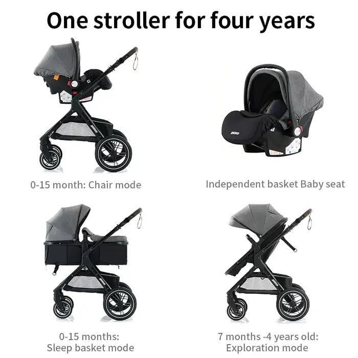 Poussette 3-en-1 pour bébé, poignée réversible, pliage en une seule étape, cadre en aluminium, ensem