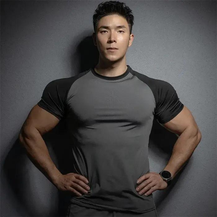 T-shirt de sport à manches courtes pour hommes, élastique, séchage rapide, couleur pure, loisirs, co