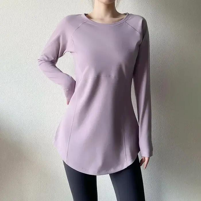 Haut de yoga en velours à manches longues pour femmes, chemise de base optique chaude, coupe couvertes, couvrant les hanches, style adt et long, fitness imbibé, hiver