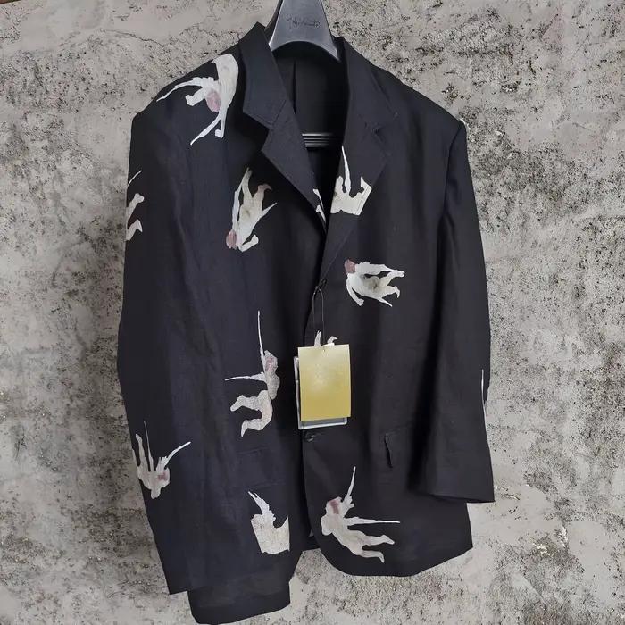 TOP-YAMAMOTO design original mélange de lin motif d'ange manteau à col ouest avec imprimé à manches