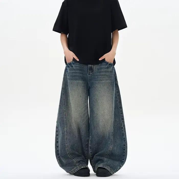 Jean surdimensionné à jambes larges pour homme, pantalon ample, Vintage, Patchwork foudre craquelée,