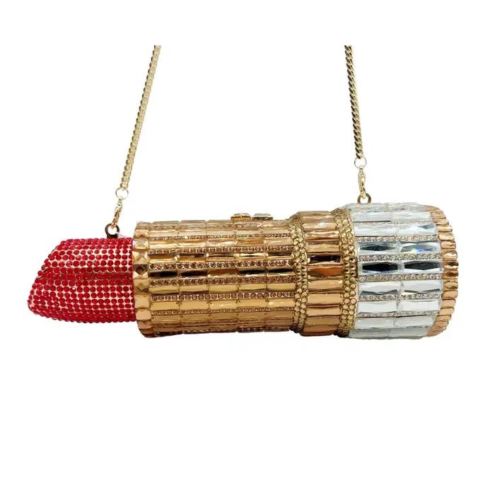 Pochette de rouge à lèvres à dessus plat, sac de soirée en strass cristal pour femme. Sac à main de