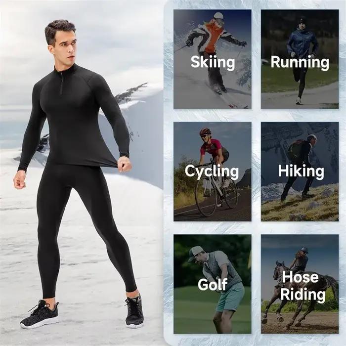 Chemises de compression thermique à fermeture éclair pour hommes, couche de base athlétique doublée