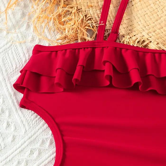 Maillot de bain une pièce rouge rétro à volants pour adolescentes 5-14 ans - Vêtement plage été