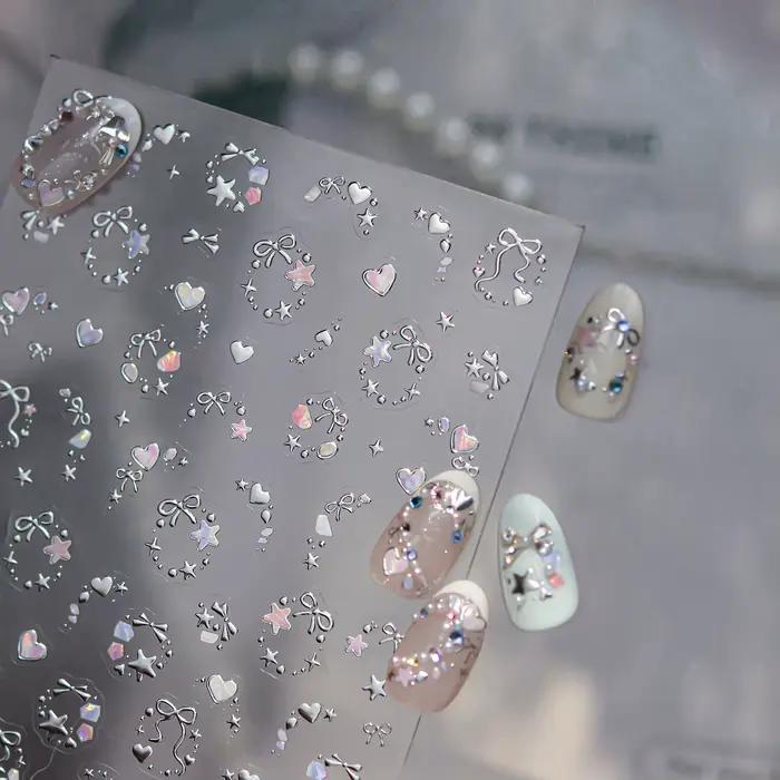 Autocollants pour ongles de rêve métallique, couleur magique scintillante, nœuds d'étoiles, guirland