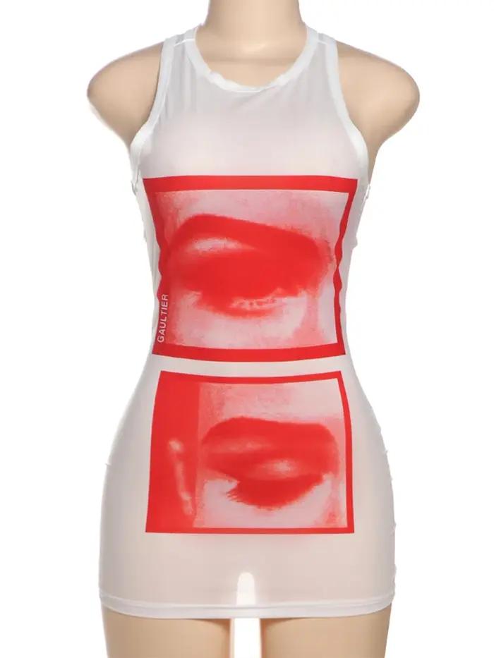 Bizarre Puss Lip Print Femmes Longs Tops Sexy Y2K Hipster Mince O-cou Sans Manches Sauvage De Base S