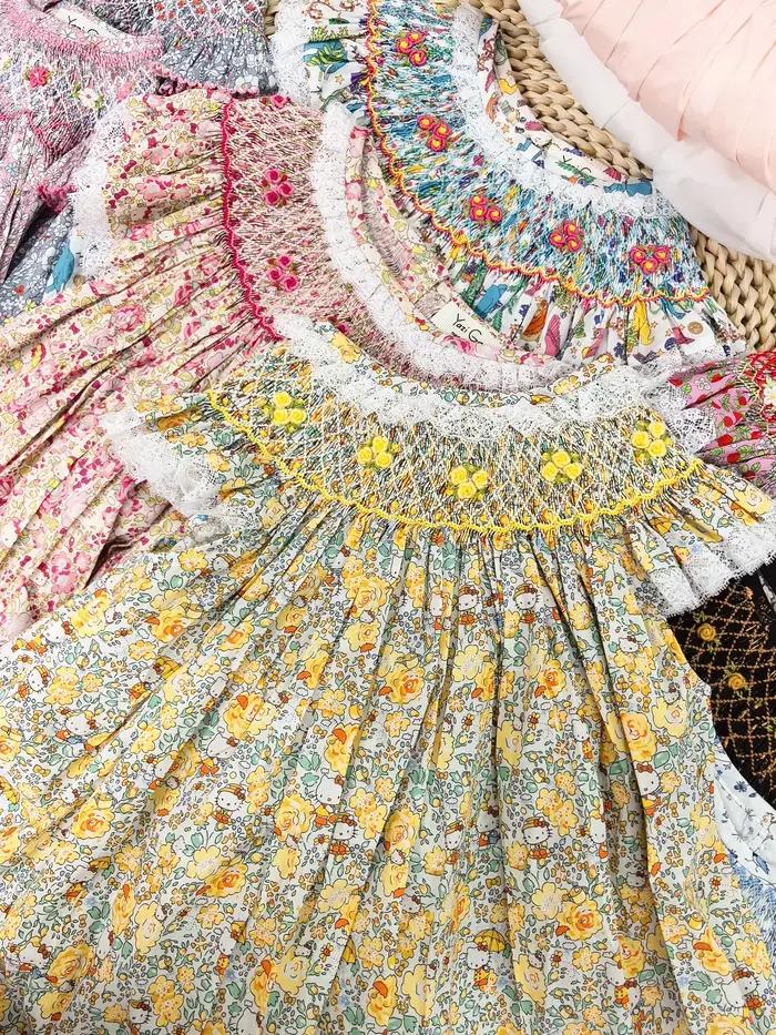 Robe smockée en pur coton pour filles, douce et respirante, brodée à la main, rétro, robe de princes