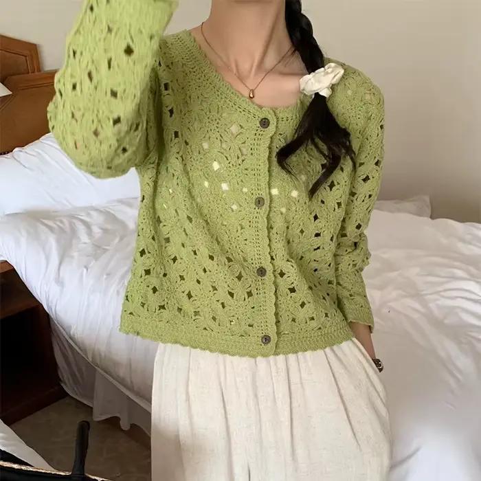 Haut en Crochet à manches longues pour femmes, veste Cardigan en tricot ajouré à boutons transparent