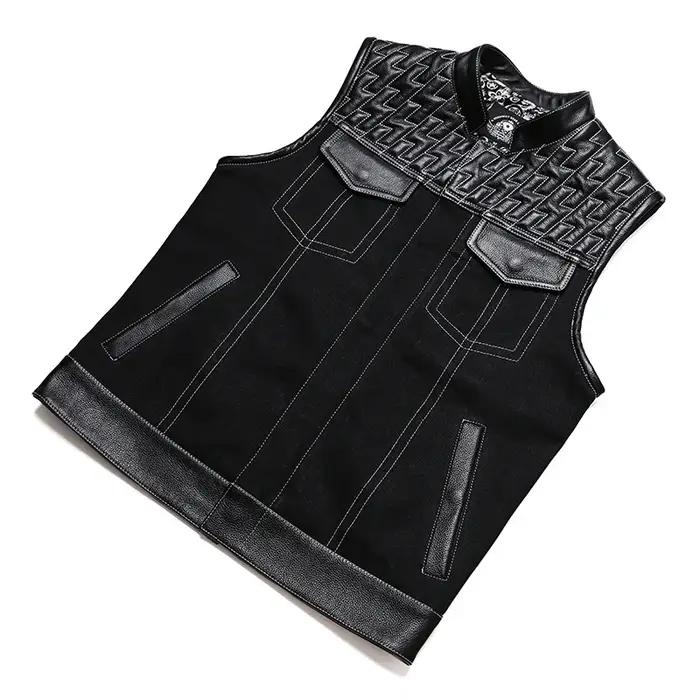 SOA-Gilet de motard en cuir de vachette pour homme, veste en cuir de moto, veste en jean patchwork,