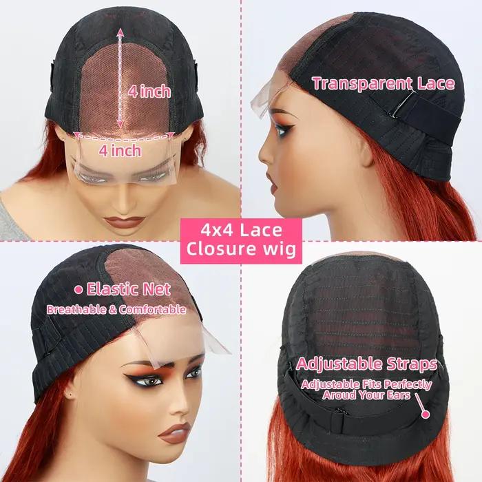 Perruque malaisienne naturelle, cheveux lisses, brun rousse, 4x4, 30 pouces, pre-plucked, avec baby