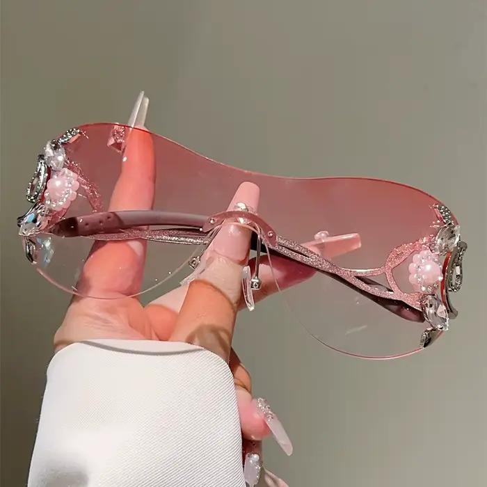 KAMMPT – lunettes de soleil Y2k sans bords avec strass pour femmes, monobloc, décoration extérieure,