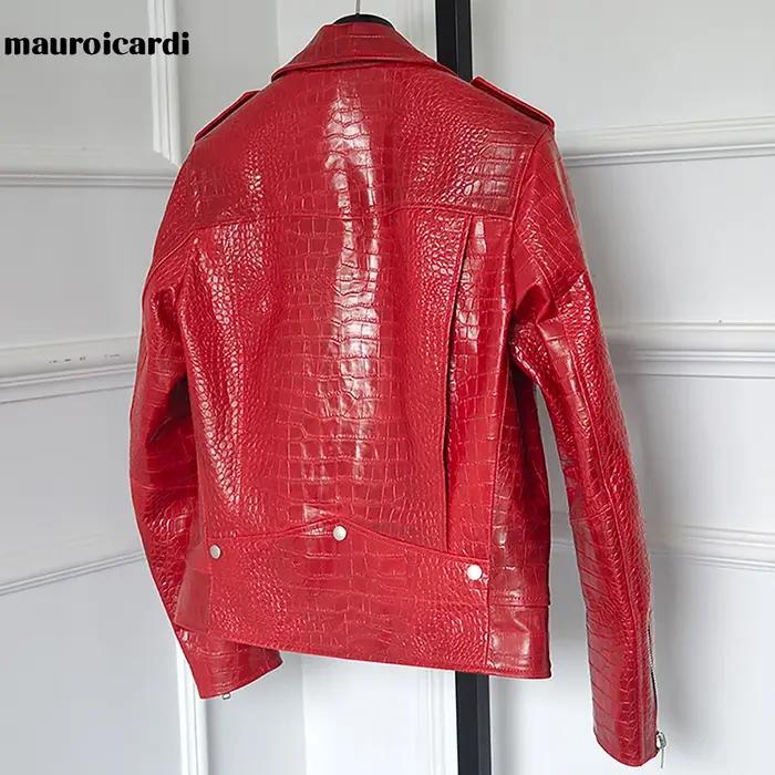 Mauroicardi-Veste de motard en similicuir à motif crocodile rouge pour homme, manches longues, ferme