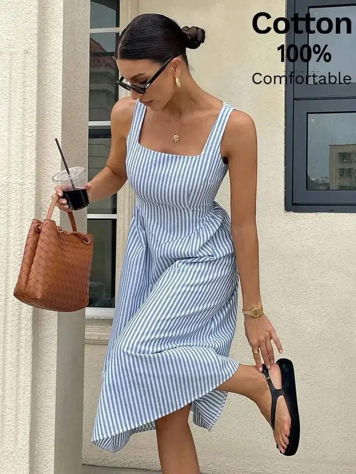 Robe midi sans manches à col carré rayée bleu et blanc pour femmes en coton